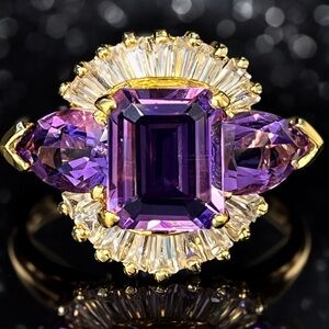 Suzanne Somers vintage amethyst CZ cocktail statement ladies band ring Gold HSN